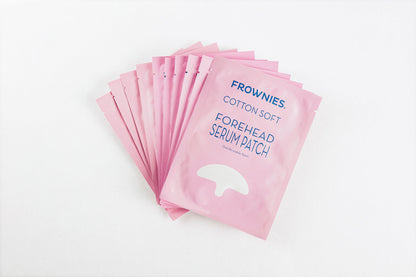 stack of ten pink packages of Serum Patch for Forehead Wrinkles Facial Patches Frownies 10-pack  