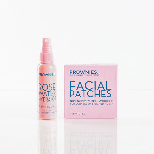 Frownies Rose Water Hydrator spray pictured alongside Frownies facial patches for the corners of the eyes and mouth.