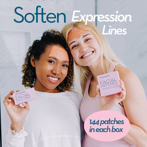 Soften expression lines graphic for Frownies facial patches. 2 woman on the graphic smiling and wearing Frownies facial patches 