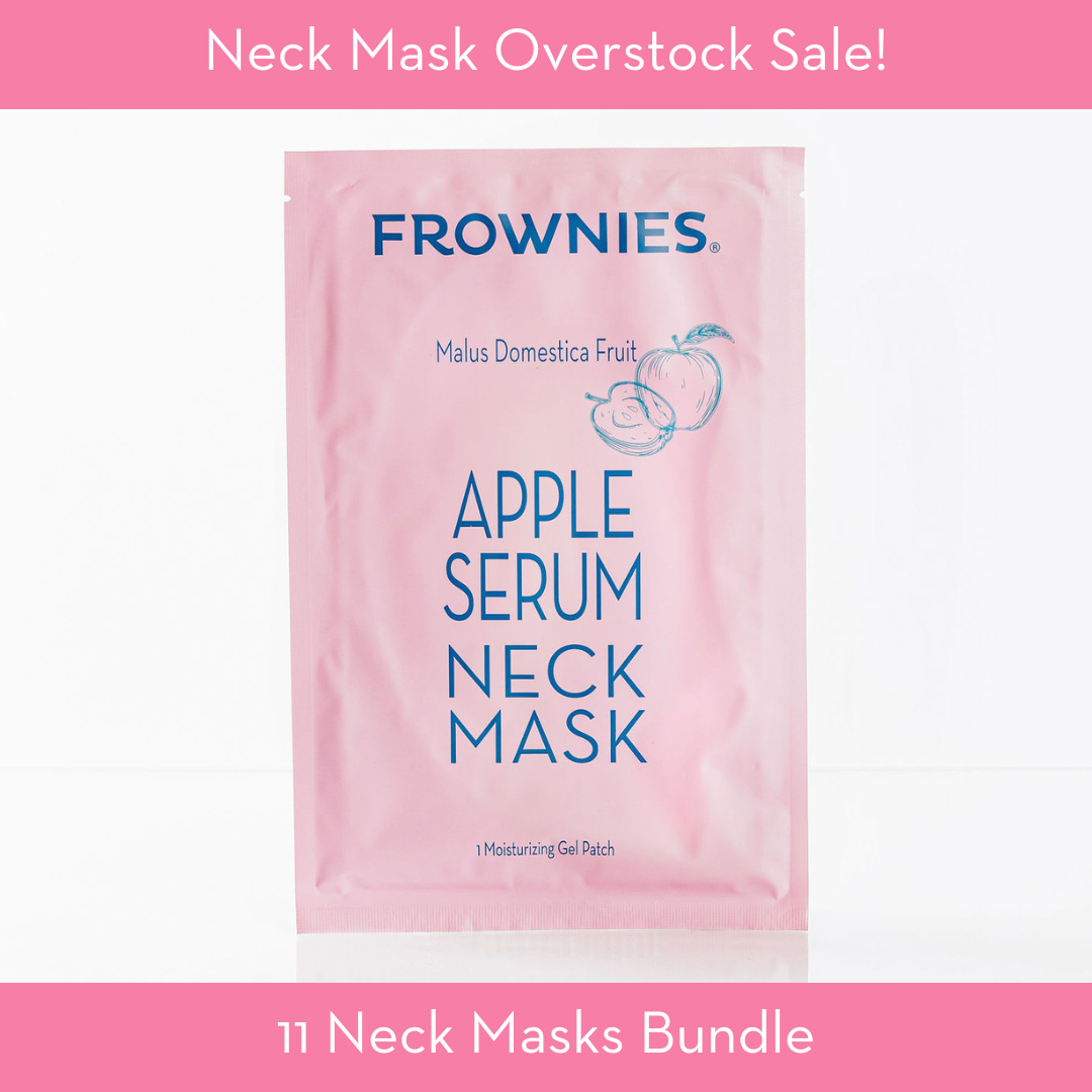 Frownies Apple Serum neck mask overstock sale. A picture of the apple serum neck mask with pink banners on top and bottom that communicate the overstock sale , with a bundle of 11 masks 