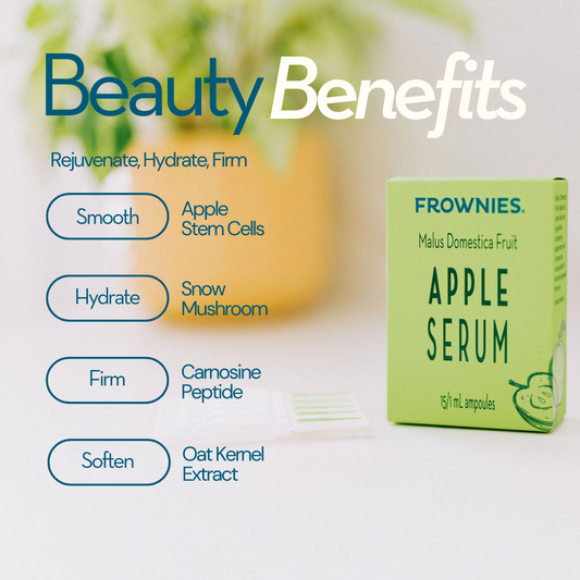 Beauty benefits graphic for apple serum from Frownies