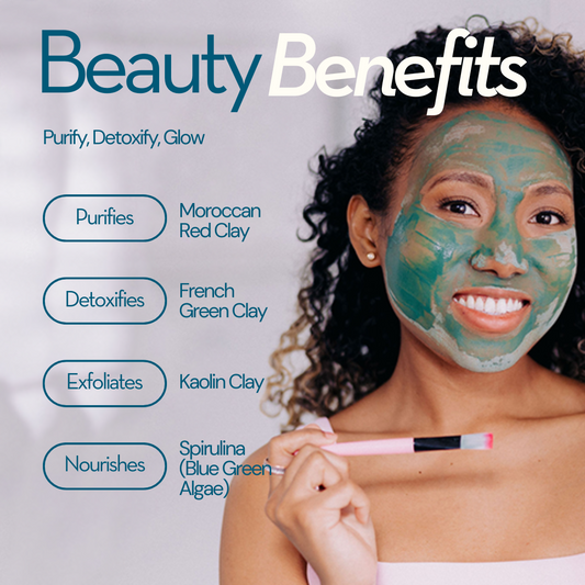 Beauty benefits graphic for Frownies blue green algae clay mask - Purify, detoxify, glow