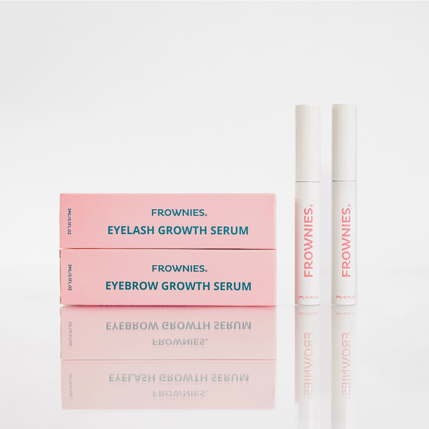 frownies Eyelash Growth Serum & Eyebrow Growth Serum shown pictured together, while also showing the pink packaging it comes in