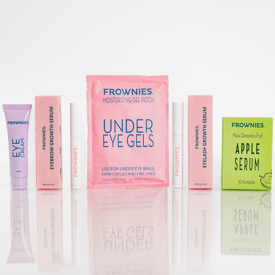 Frownies Eye Cream, Eyebrow Growth Serum, Under Eye Gels, Eyelash Growth Serum, and Apple Serum Mask displayed together in one picture