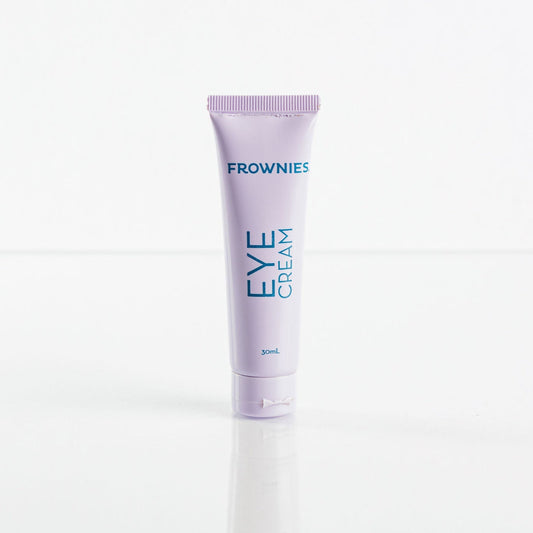 Frownies eye cream 30ML lilac bottle pictured on a clean white background