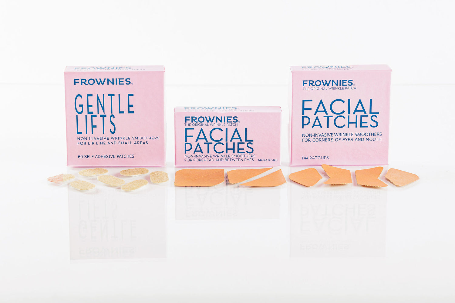 Frownies gentle lifts and facial patches pictures together (forehead and between eyes and corners of eyes and mouth)