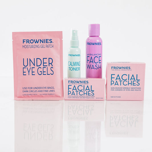 A group of Frownies products under eye gels facial patches FBE & CEM, face wash, and calming toner