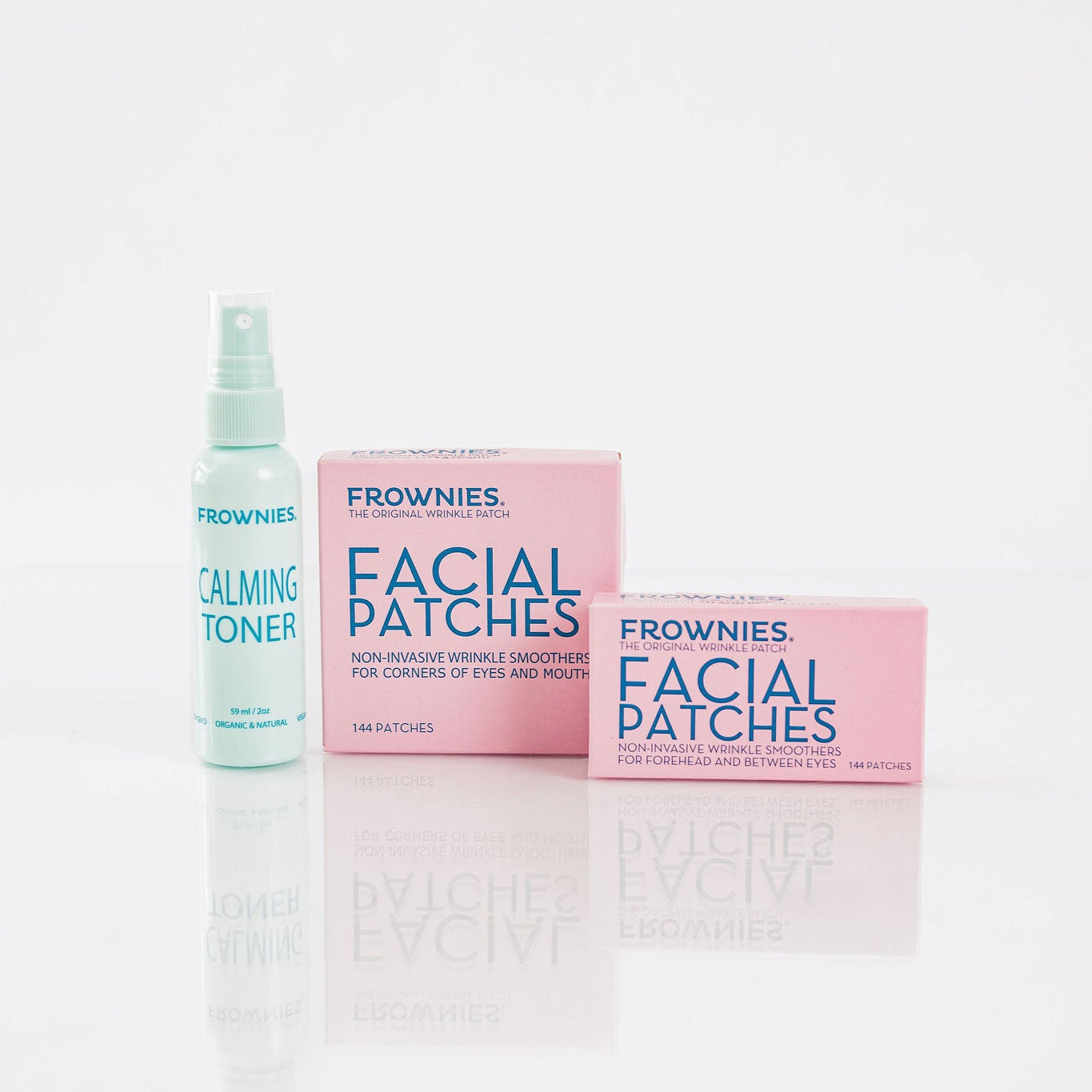 Frownies CEM and FBE facial patches shown next to Frownies calming toner on a clean white background 