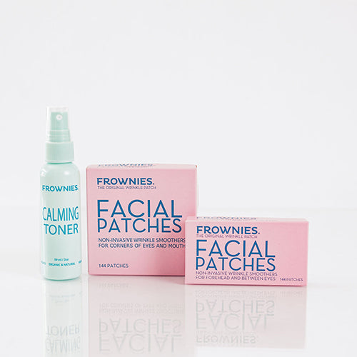 three products in Frownies Starter Kit including Calming Toner and two boxes of wrinkle patches