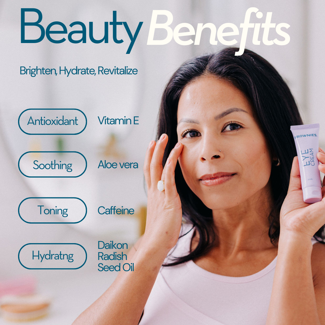 Beauty benefits graphic for vitamin E eye cream from Frownies