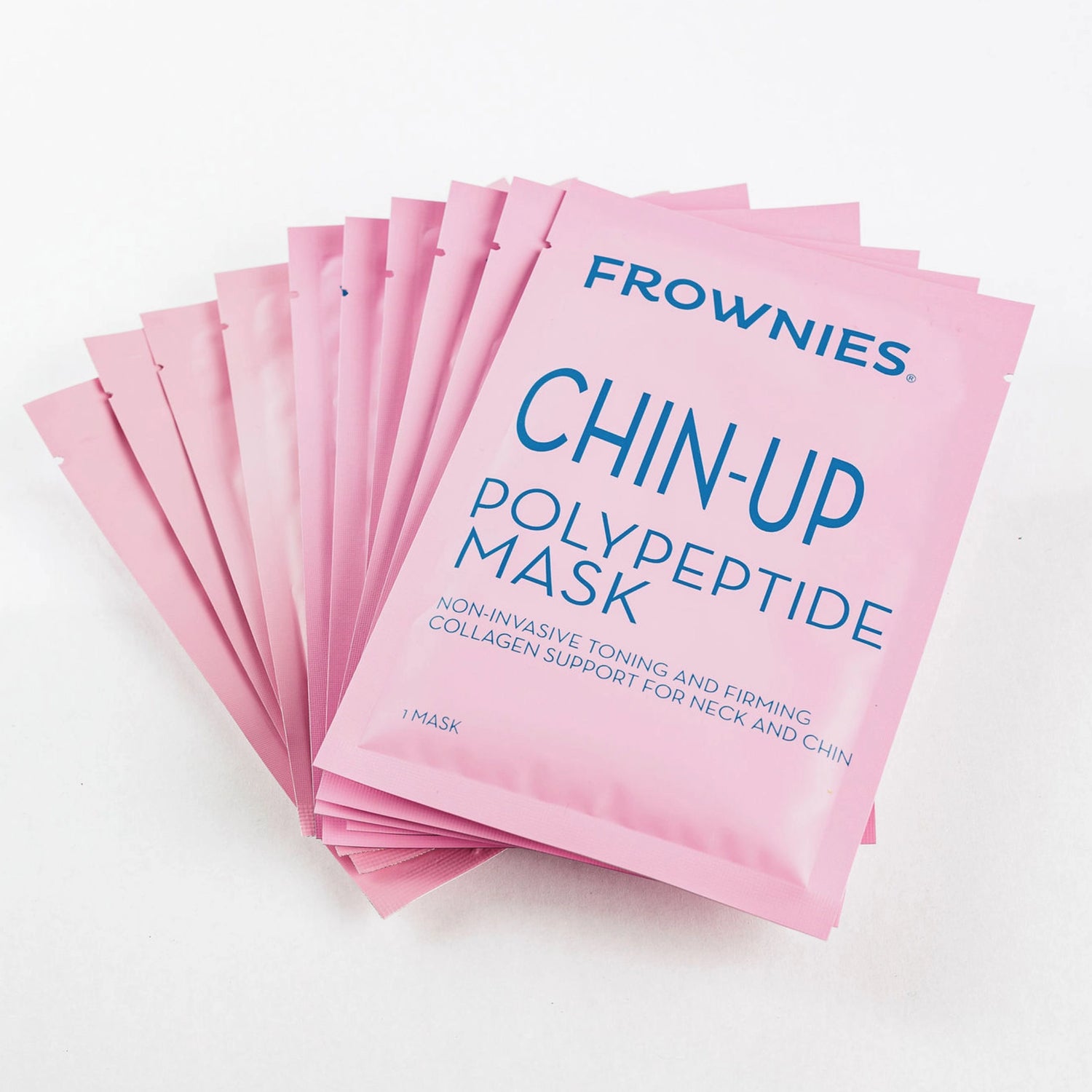 Frownies Chin-Up Polypeptide Mask packaging stacked on a white flat surface