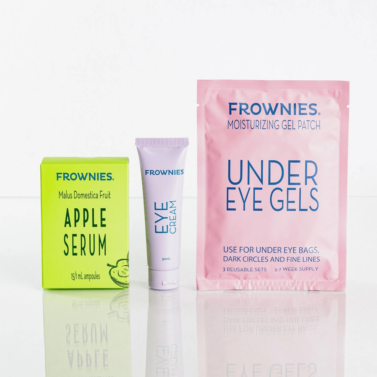 Frownies Malus Domestica Fruit Apple Serum, Frownies Eye Cream, and Frownies Under Eye Gels displayed together against a clean background.