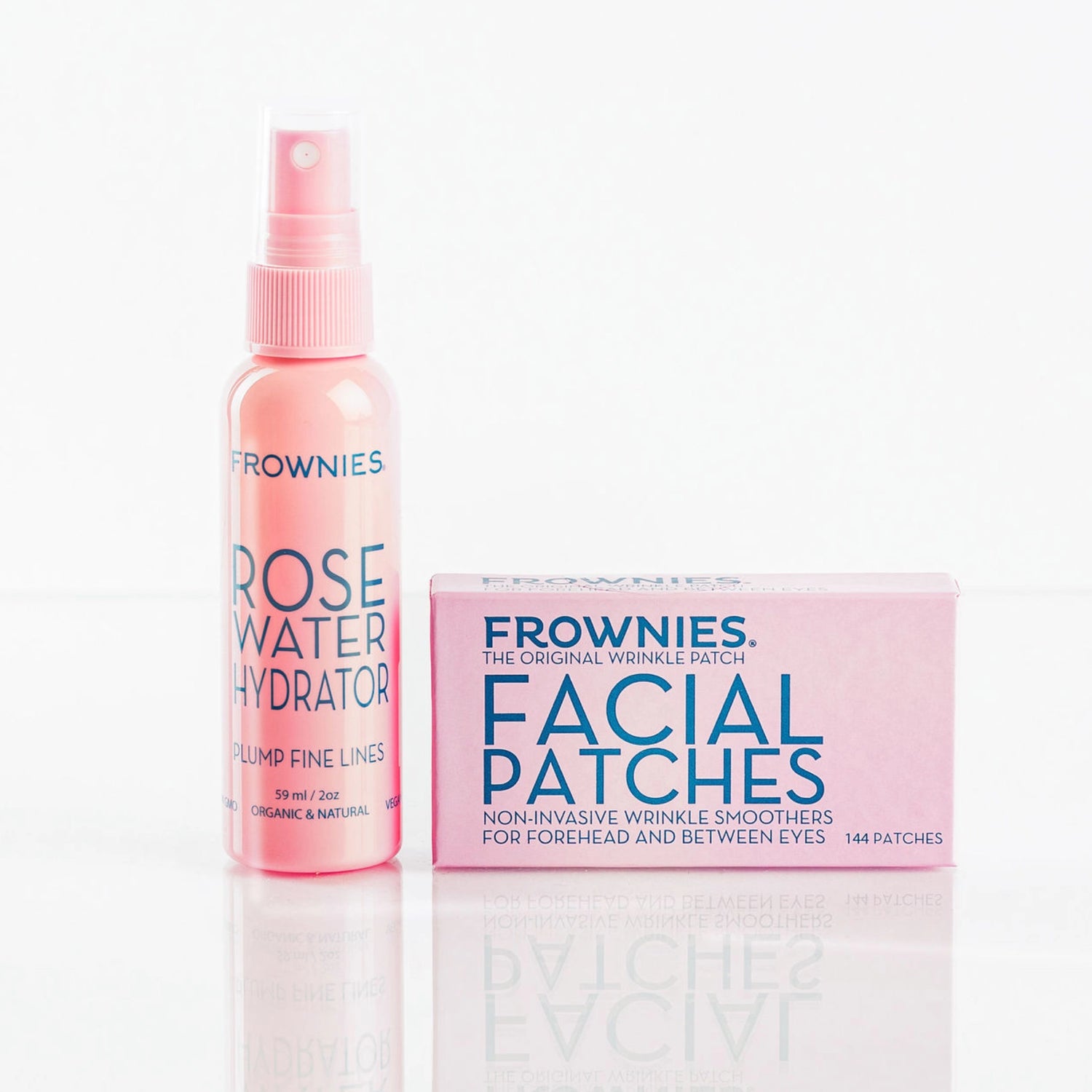 Frownies rose water and Frownies Forehead and Between Eyes (FBE) facial patches displayed together.