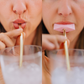 Side by side photos of woman's mouth drinking through a straw versus drinking through Wrinkies Anti-pursing straw tip