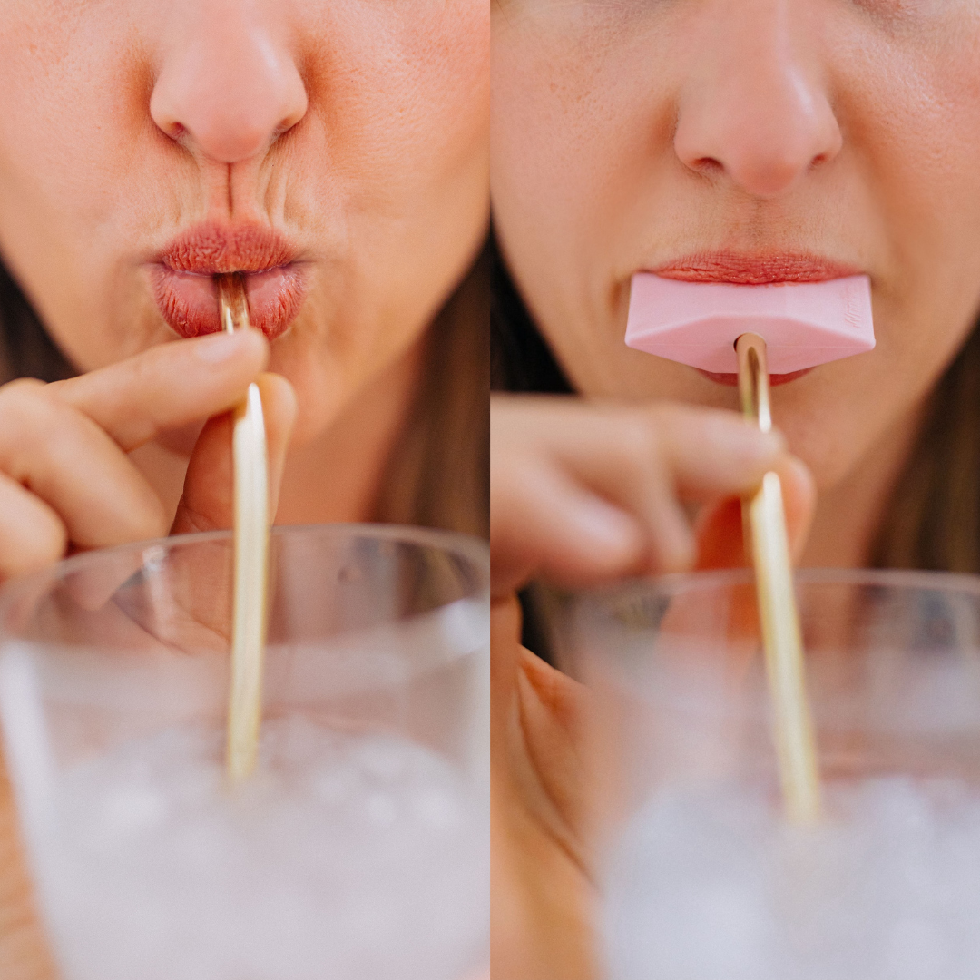 Side by side photos of woman's mouth drinking through a straw versus drinking through Wrinkies Anti-pursing straw tip
