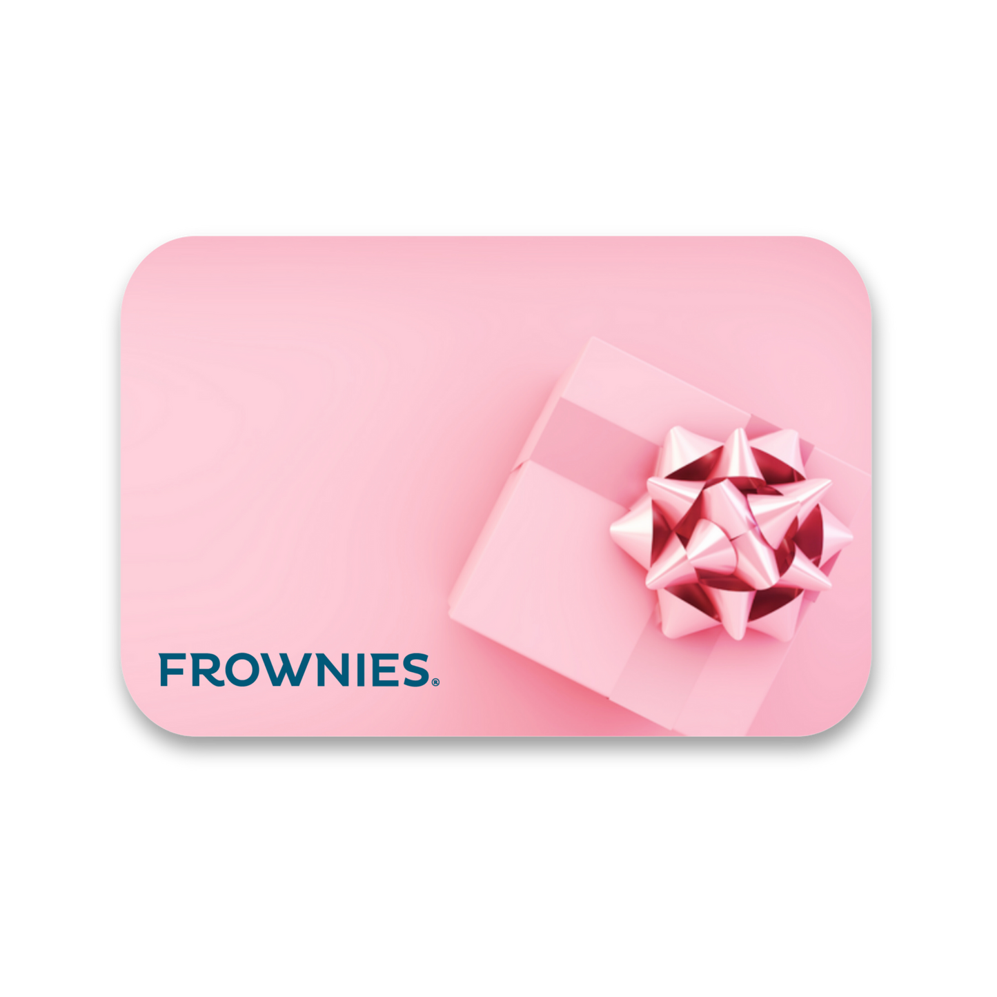 Frownies gift card image, showing a graphic with a pink frownies gift card 